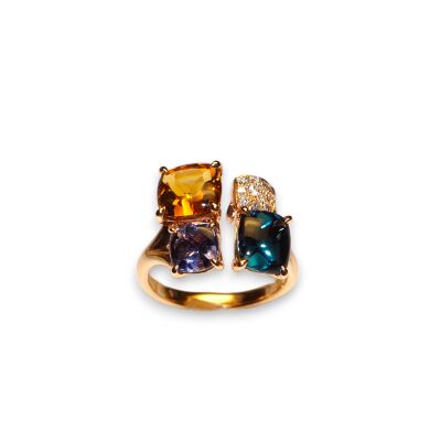 Collection Pavé de Paris, Bague Or Rose Citrine, Topaze Blue London, Iolite et Diamants