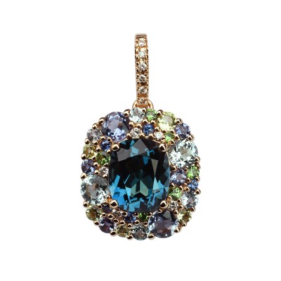 Collection Emotion, Pendentif Or Rose Topaze Bleue ,Iolite, Péridot, Saphir, Tsavorite