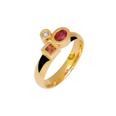 Bague Tournaire Marélie, Or Jaune, Saphir Orange, Saphir Rouge et Diamants