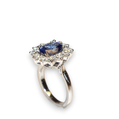 Bague Création Roure Lady Di Saphir de Ceylan et Diamants, Or Blanc