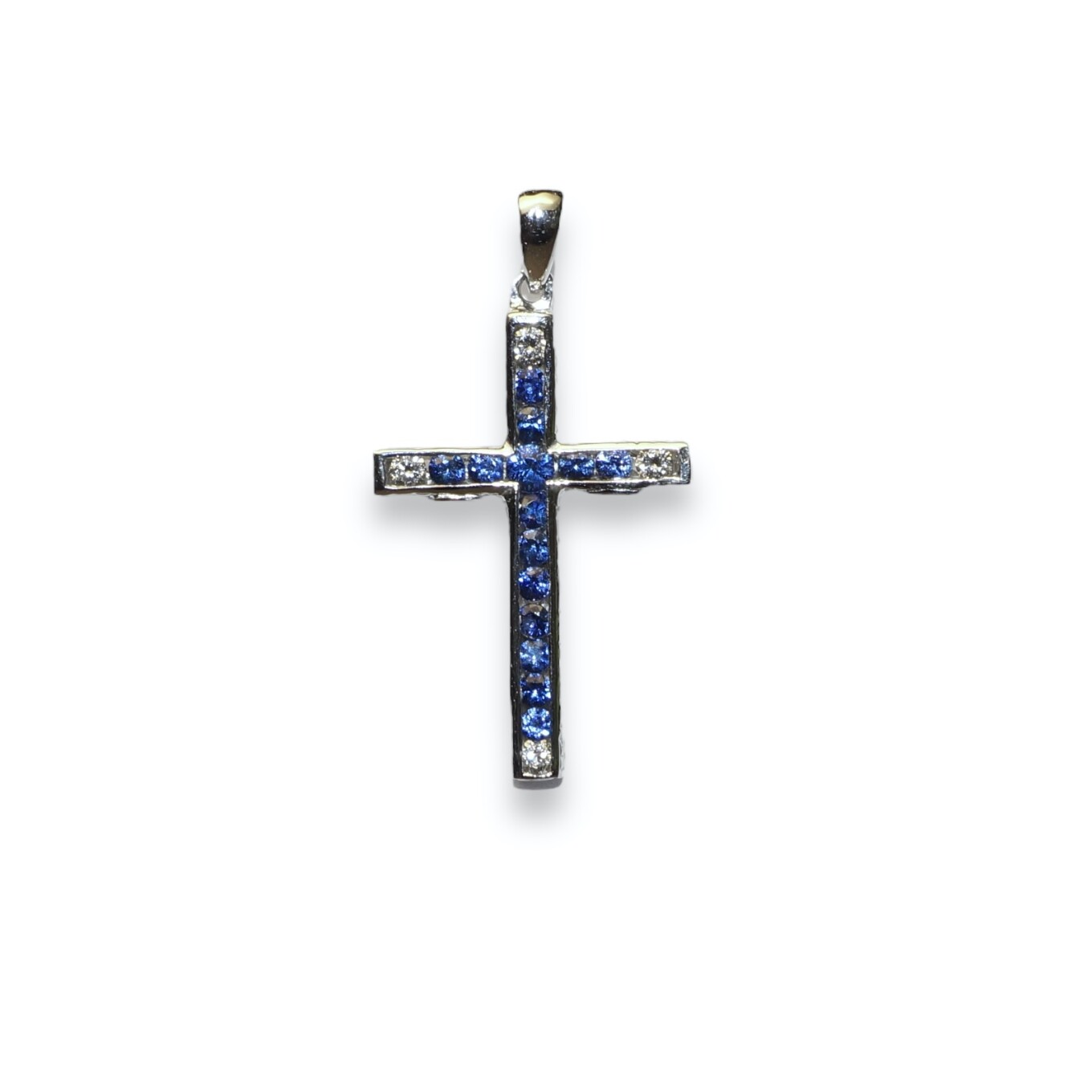 Pendentif Croix Saphirs et Diamants, Or Blanc