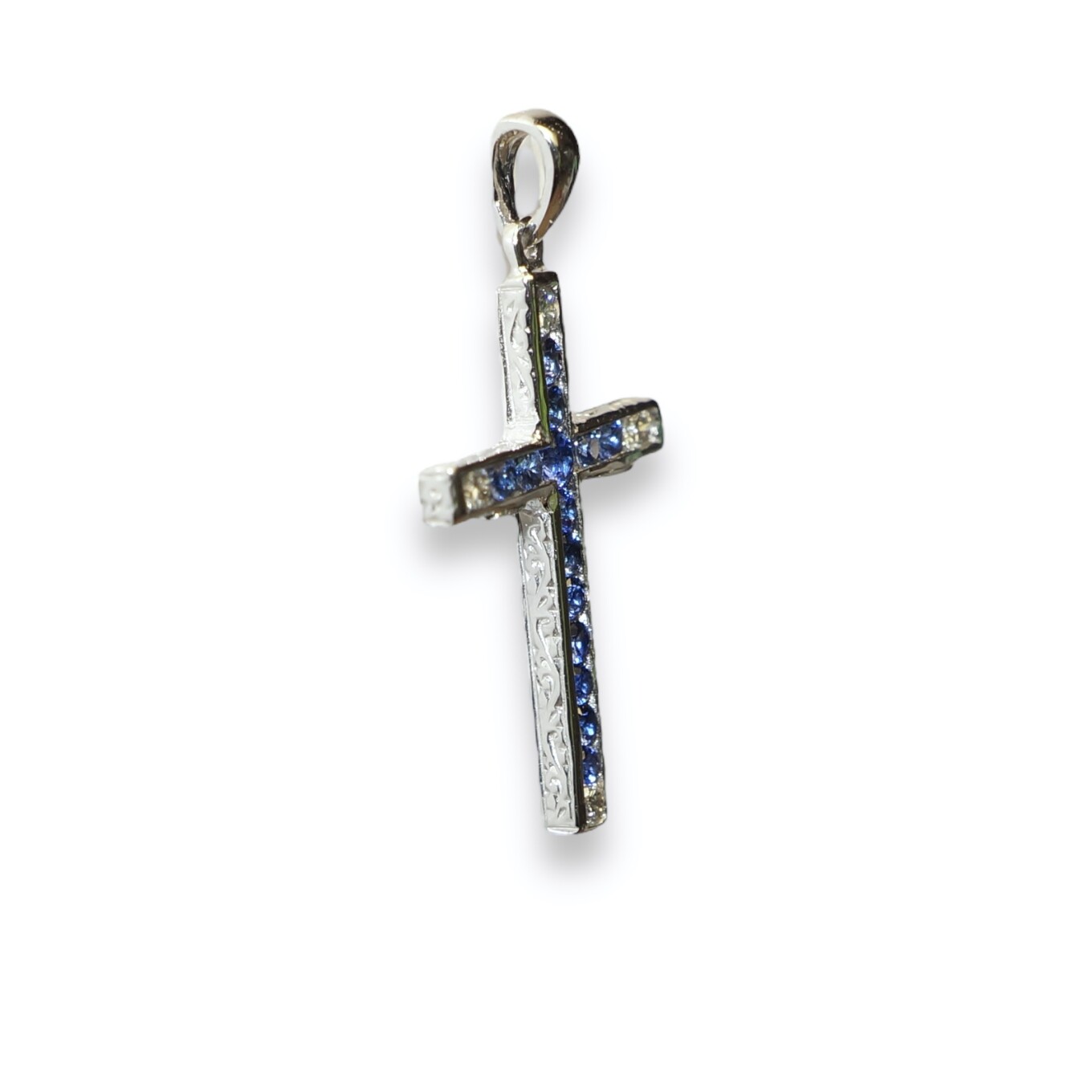 Pendentif Croix Saphirs et Diamants, Or Blanc