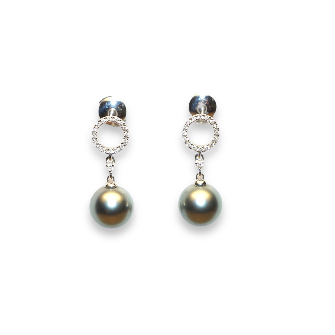 Boucles D’oreilles Perles de Tahiti et Diamants, Or Blanc