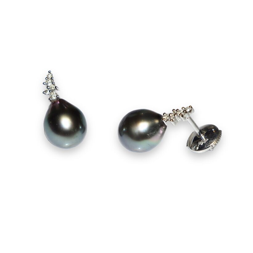 Boucles D’oreilles Perles de Tahiti et diamants, Or Blanc