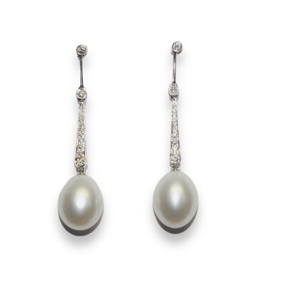 Boucles D’oreilles Perle d’eau douce et Diamants, Or Blanc