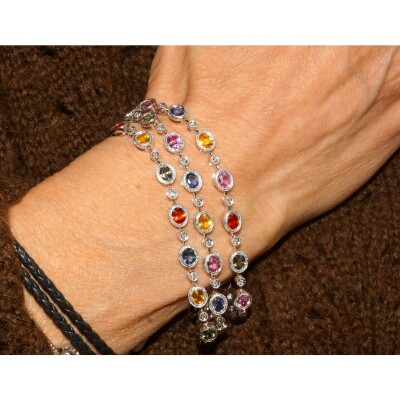 Bracelet Saphirs de Couleurs Multi Rangs et Diamants, Or Blanc