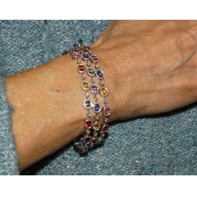 Bracelet Saphirs de Couleurs Multi Rangs et Diamants, Or Blanc