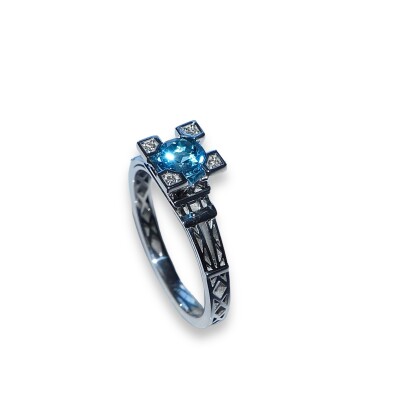 Bague French Kiss, Topaze Bleu Swiss Diamants sur les pierres , Or Blanc