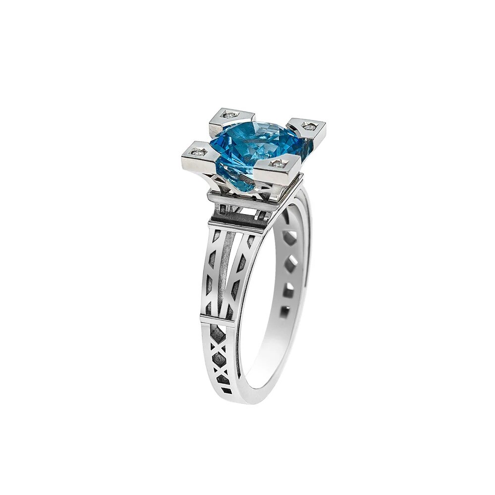 Bague French Kiss, Topaze Bleu Swiss 8mm, Or Blanc Diamants sur les pieds