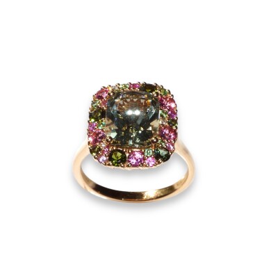 Bague Émotion Quartz Vert, Tourmaline Verte et Rose, Saphir Rose, Tsavorite et Diamants, Or Rose