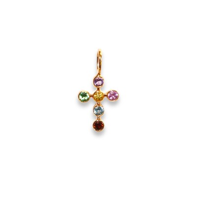 Pendentif Croix Arc en Ciel Pierres Fines, Or Rose