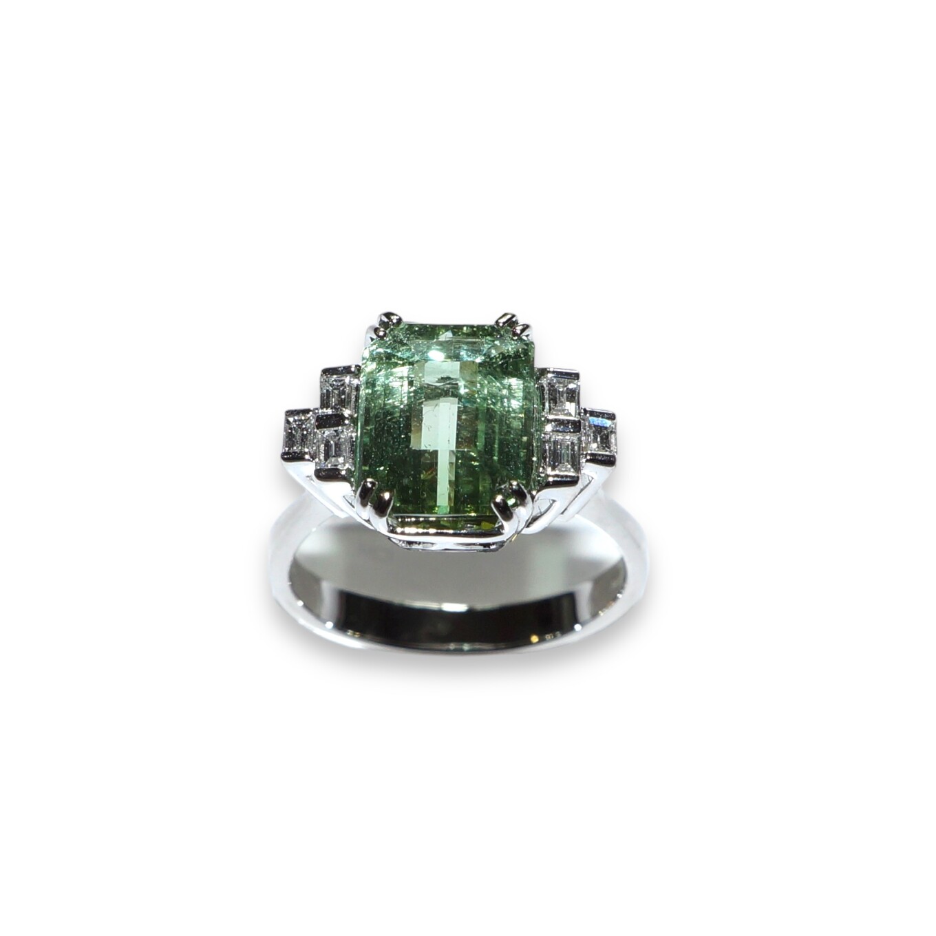 Bague Or Blanc Tourmaline Verte et Diamants