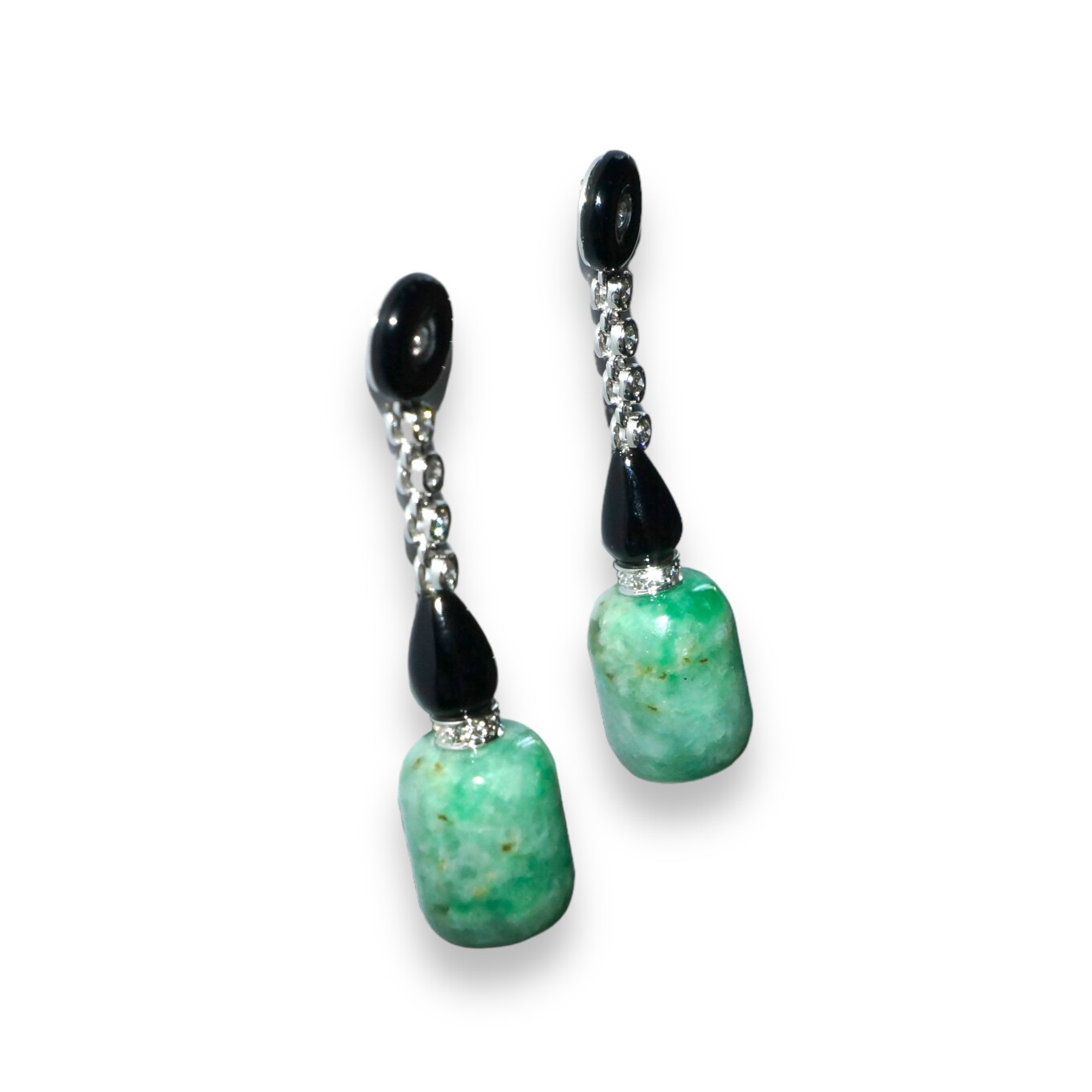 Boucles D’oreilles Pendante Onyx, Jade et Diamants, Or Blanc