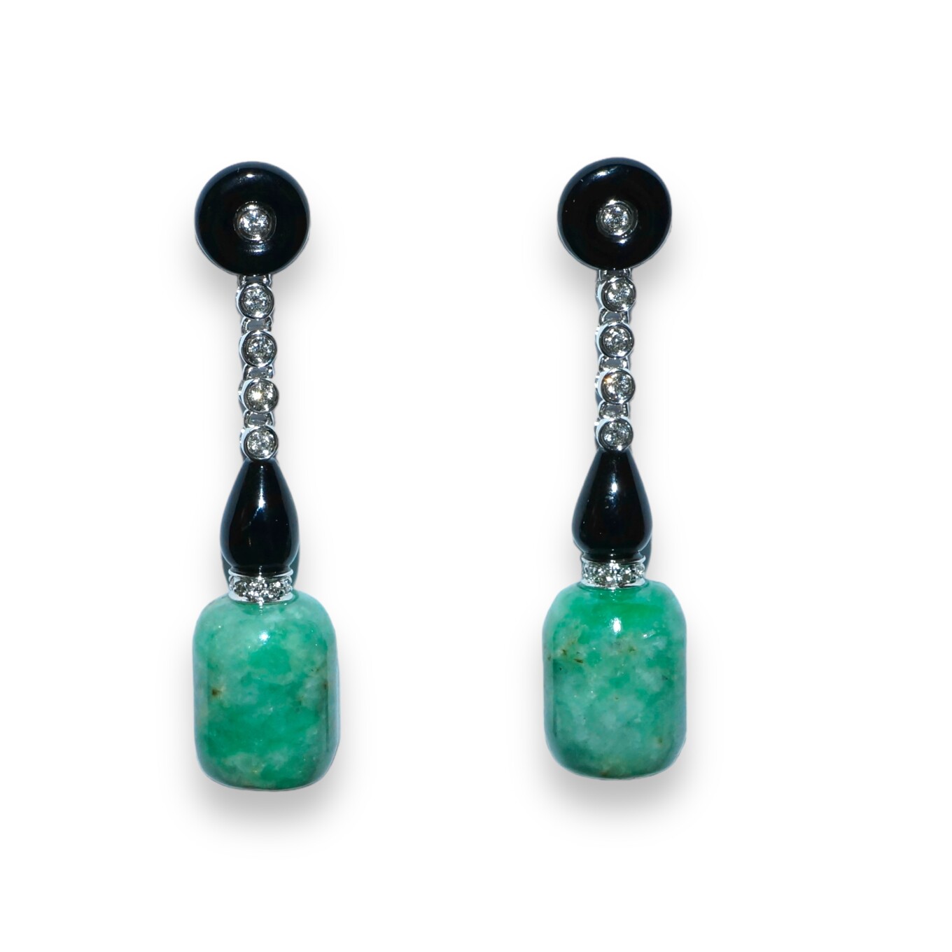 Boucles D’oreilles Pendante Onyx, Jade et Diamants, Or Blanc