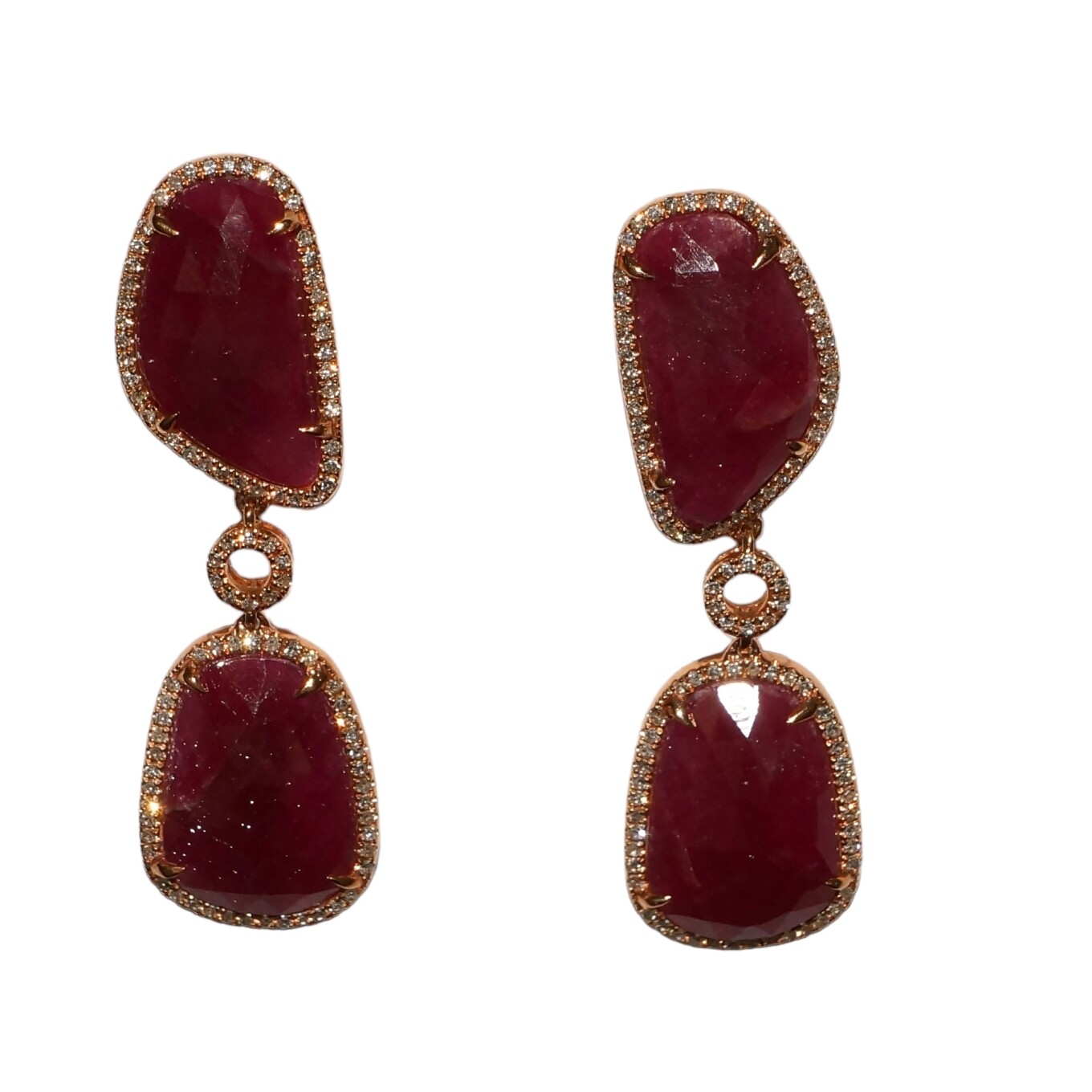 Boucles D’oreilles Pendante Rubis et Diamants, Or Rose