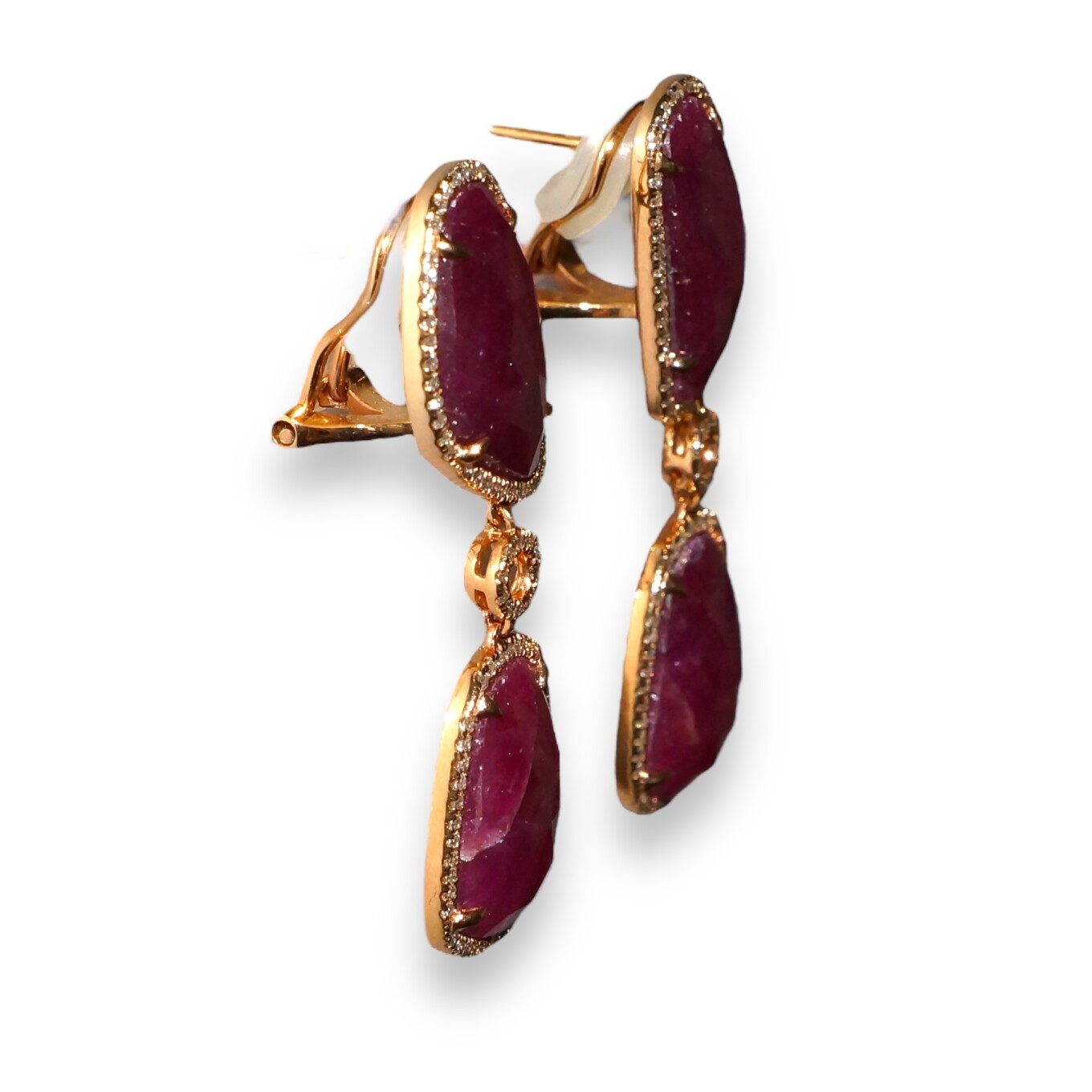 Boucles D’oreilles Pendante Rubis et Diamants, Or Rose