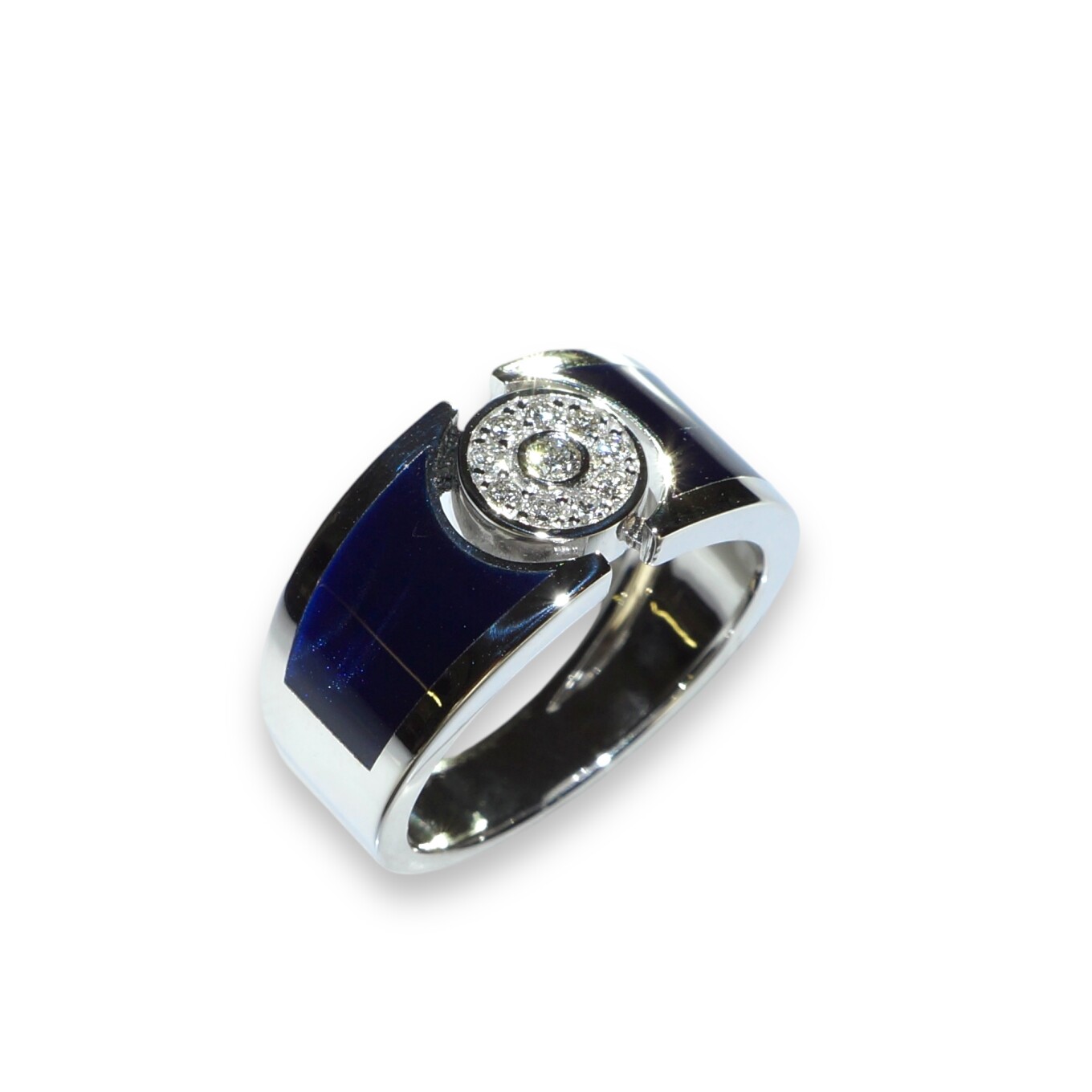 Bague Clozeau Or Blanc, Résine Bleu de Prusse et Diamants