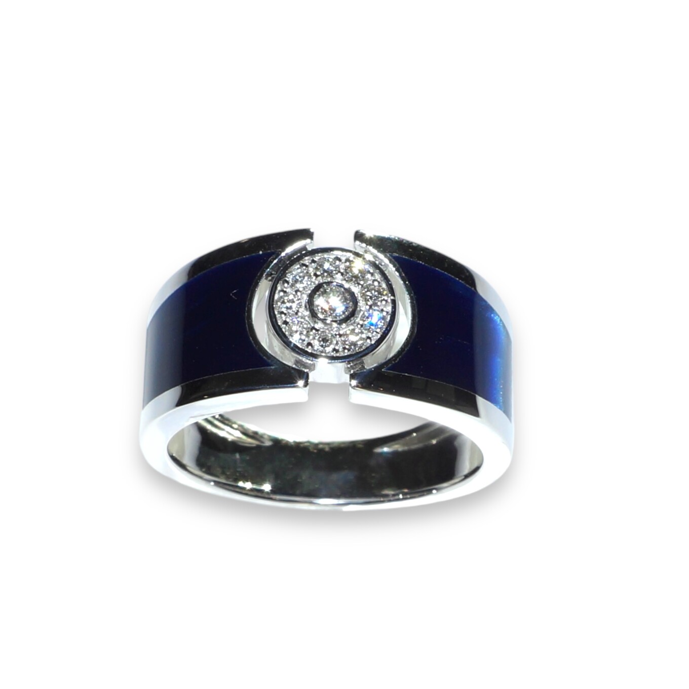 Bague Clozeau Or Blanc, Résine Bleu de Prusse et Diamants