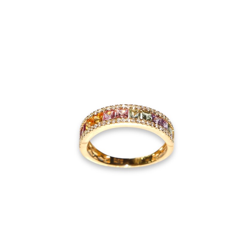 Bague Saphirs Multicolore et Diamants, Or Jaune