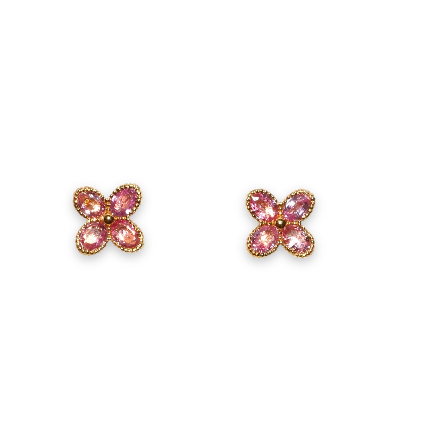 Boucles D’oreilles Puces Fleurs Saphirs Rose, Or Rose