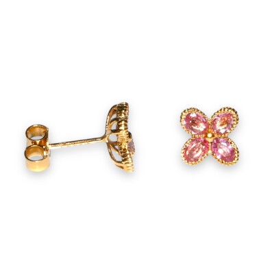 Boucles D’oreilles Puces Fleurs Saphirs Rose, Or Rose