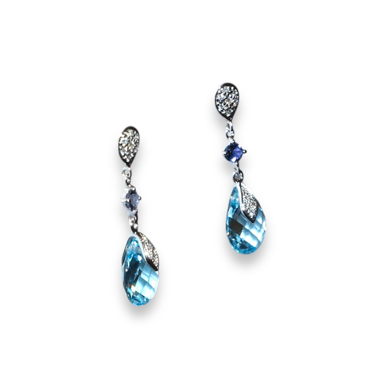 Boucles D’oreilles Iolite, Topaze Bleu et Diamants,  Or Blanc