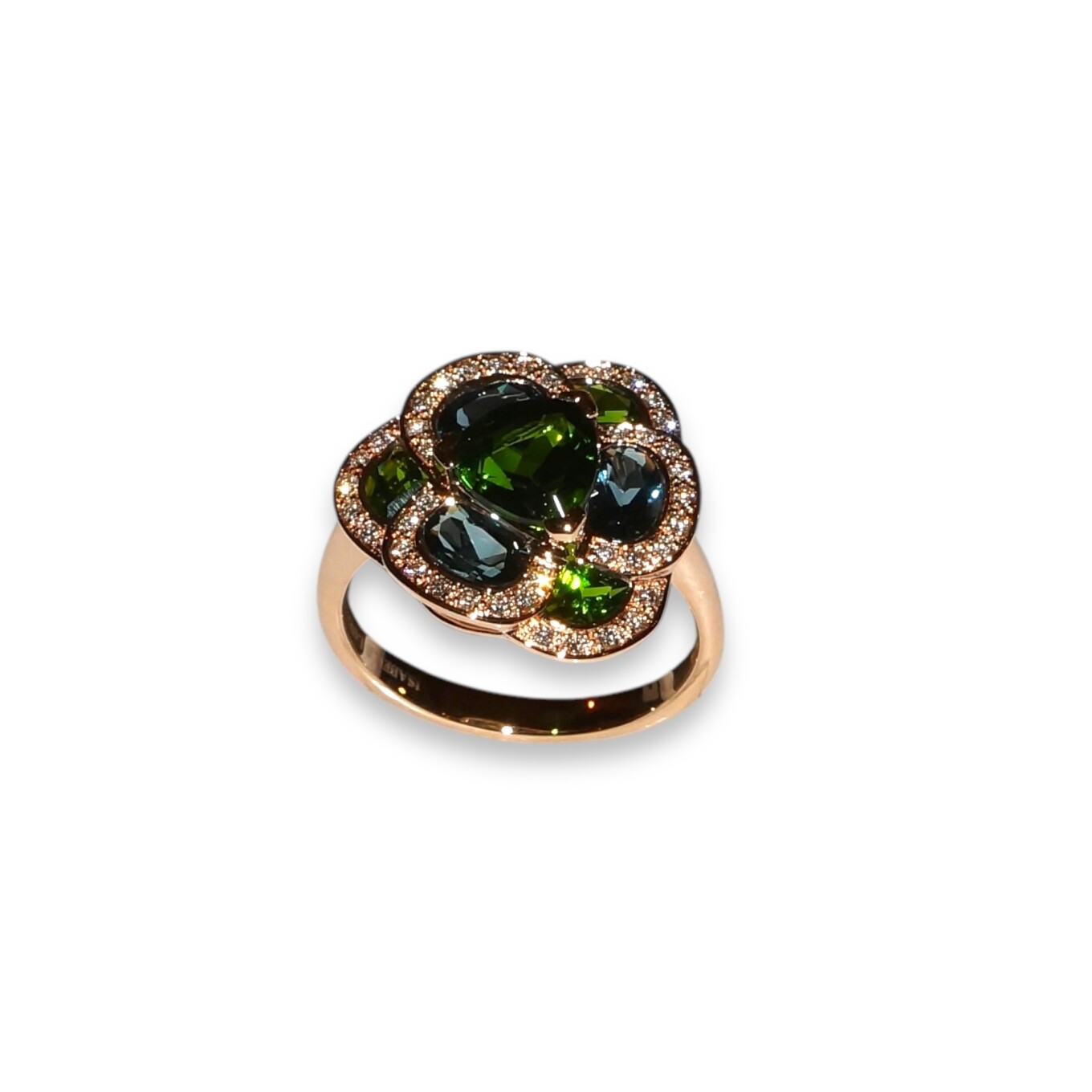 Bague Isabelle Langlois Collection Flora, Or Rose Diopside, Topaze Blue London, Diamants