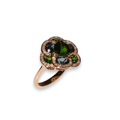 Bague Isabelle Langlois Collection Flora, Or Rose Diopside, Topaze Blue London, Diamants