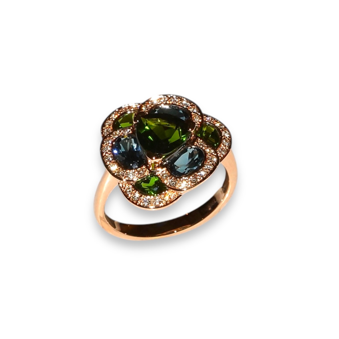 Bague Isabelle Langlois Collection Flora, Or Rose Diopside, Topaze Blue London, Diamants