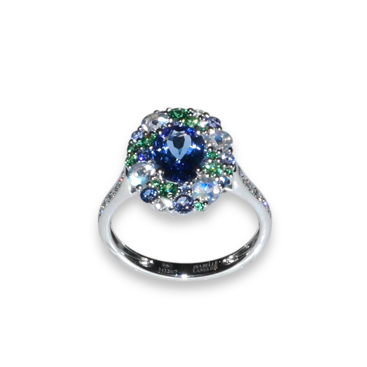 Bague Tanzanite, Pierre de lune, Tsavorite, Saphir et Diamants, Or Blanc