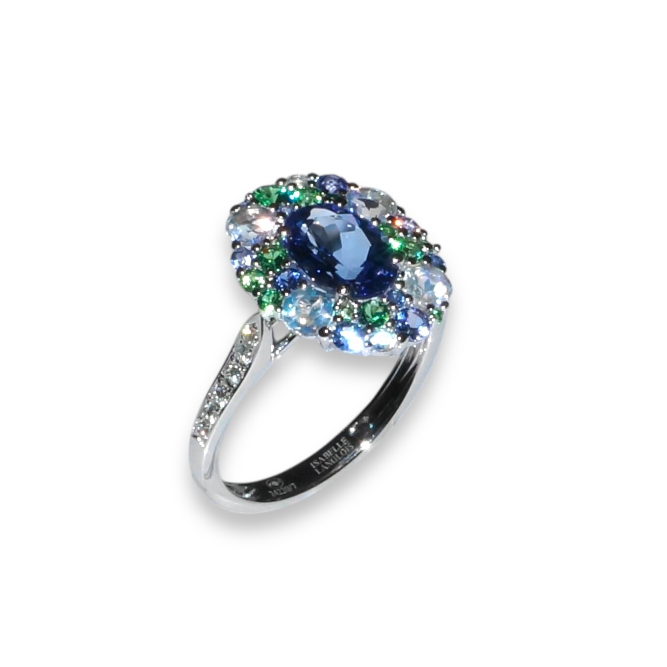 Bague Tanzanite, Pierre de lune, Tsavorite, Saphir et Diamants, Or Blanc