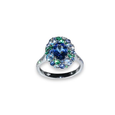 Bague Tanzanite, Pierre de lune, Tsavorite, Saphir et Diamants, Or Blanc