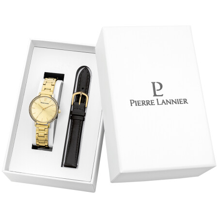 Coffret Femme CHOUQUETTE Doré Cadran Doré Bracelet Cuir Noir