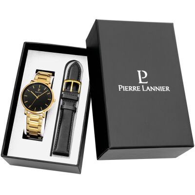 Coffret Homme ESSENTIAL Doré Cadran Noir Bracelet Cuir Noir 20 MM
