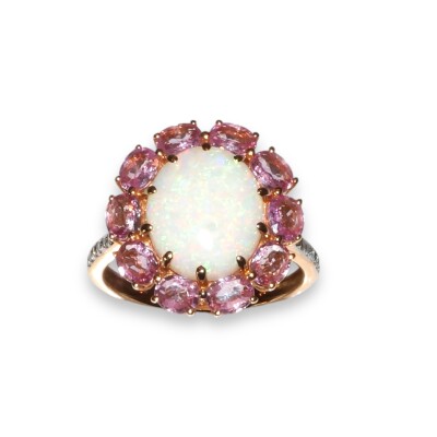 Bague Opale, Saphirs Rose & Diamants, Or Rose