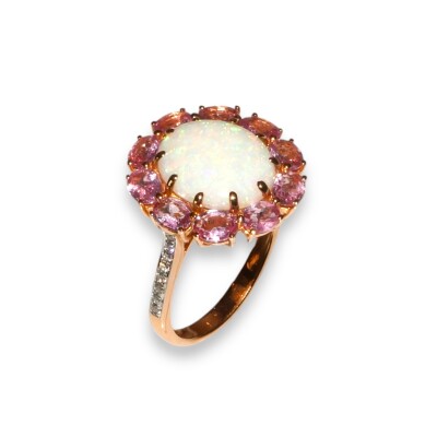 Bague Opale, Saphirs Rose & Diamants, Or Rose
