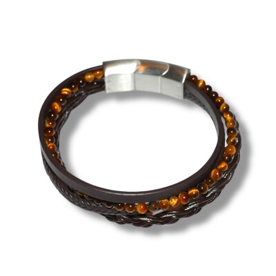 Bracelet Collection HERCULE, Cuir Brun, Perles Naturelles & Acier