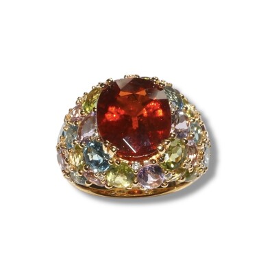 Bague Grenat Spessartite, Pavé Pierres Fines & Diamants, Or Jaune