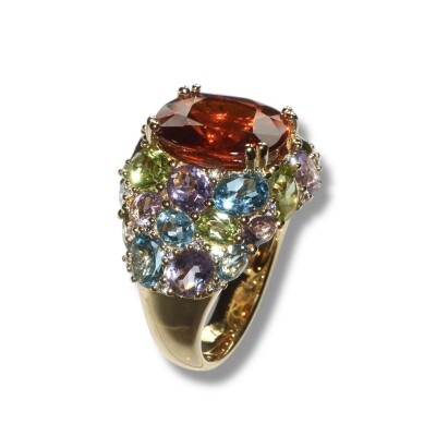 Bague Grenat Spessartite, Pavé Pierres Fines & Diamants, Or Jaune