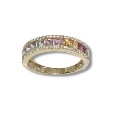 Bague Saphirs Multicolore et Diamants, Or Jaune