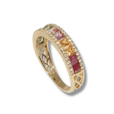 Bague Saphirs Multicolore et Diamants, Or Jaune