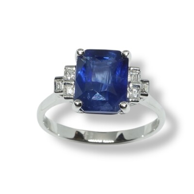 Bague Saphir Naturel & Diamants, Or Blanc