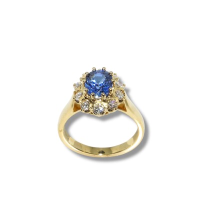Bague Saphir Bleu & Diamants, Or Jaune