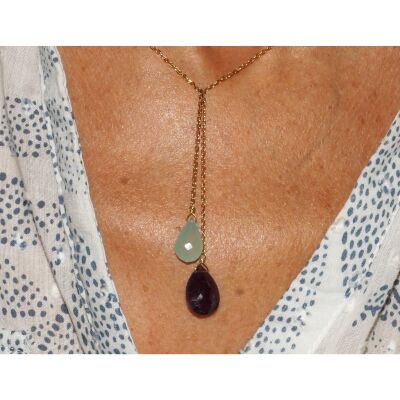 Collier Améthyste & Agate Bleue, Plaqué Or