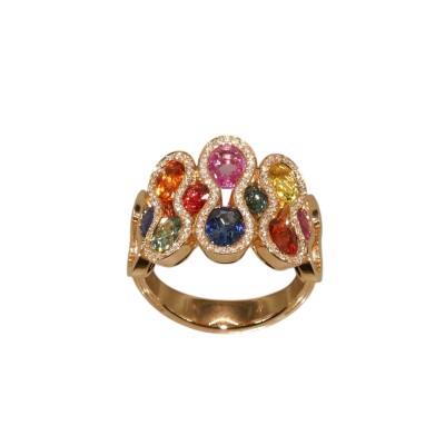 Bague Saphirs Multicolores & Diamants, Or Rose