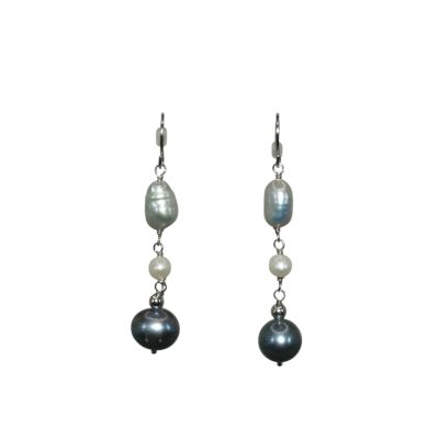 Boucles D’oreilles Pendantes Perles noirs, Grises & Blanches Argent