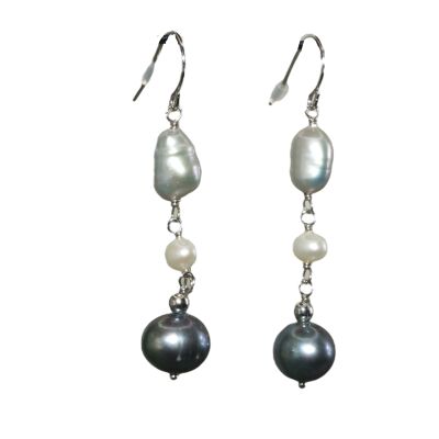 Boucles D’oreilles Pendantes Perles noirs, Grises & Blanches Argent