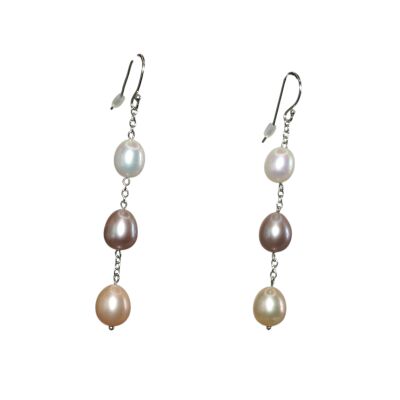 Boucles d’oreilles Pendantes, Perles d’Eau Douce Rose & Blanches, Argent