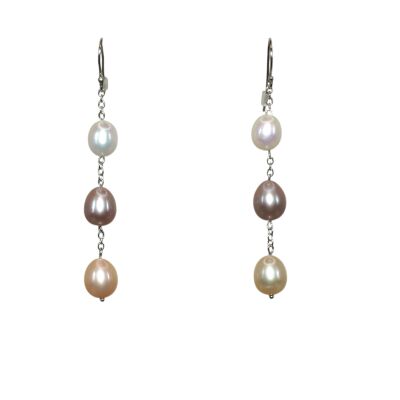 Boucles d’oreilles Pendantes, Perles d’Eau Douce Rose & Blanches, Argent