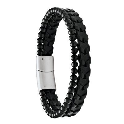 BRACELET LAVE CUIR NOIR ACIER ET ONYX